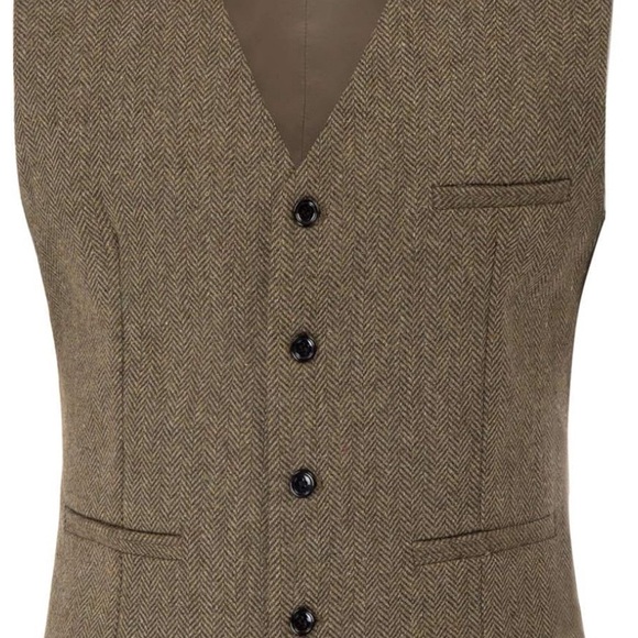 PJ PAUL JONES Men's Herringbone Tweed Suit Vest Casual Wool Blend Waistcoat - Picture 2 of 9